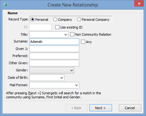 Create New Relationship - Name window (adamski)