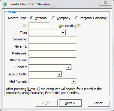 Create New Staff Member - Name tab
