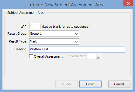 Create New Subject Assessment Area window