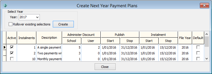 Create Next Year Payment Plans window
