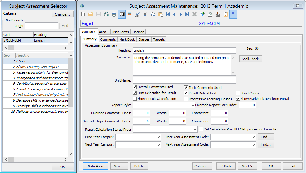 Subject Assessment Maintenance - Summary tab - Summary sub-tab