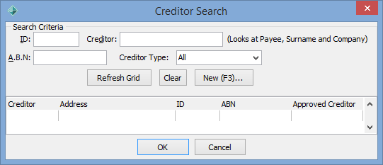 Creditor Search window