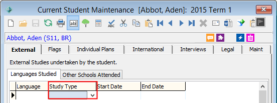 Current Student Maintenance (Study Type field highlighted)