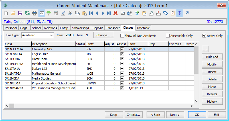 Current Student Maintenance - Classes tab