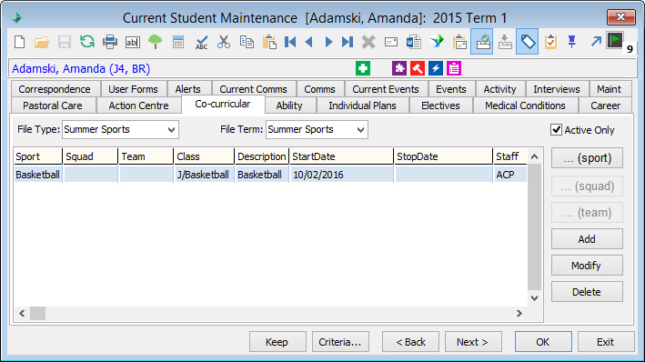 Current Student Maintenance - Co-curricular tab