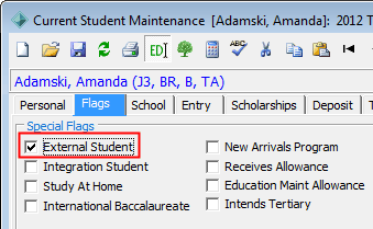 Current Student Maintenance - Flags tab (External Student highlighted)
