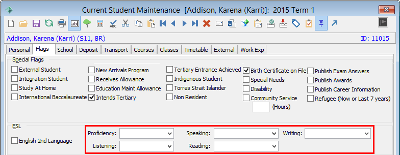 Current Student Maintenance - Flags tab - luESLProficiencyLevel lookup table