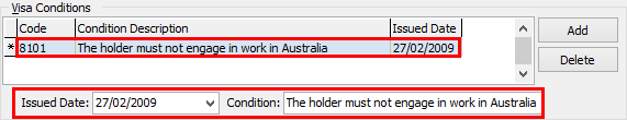 Current Student Maintenance - International tab (Visa Conditions area)