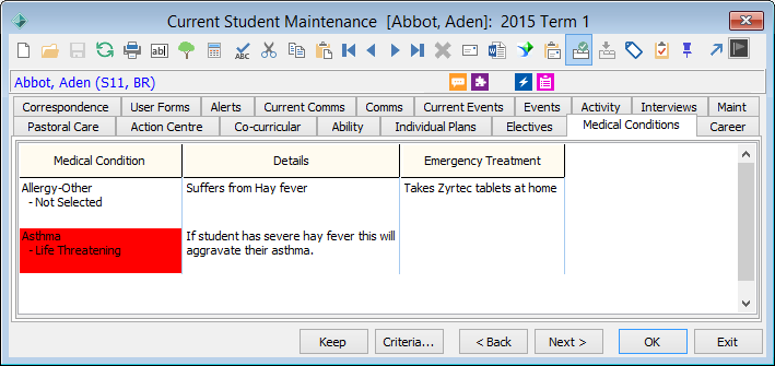 Current Student Maintenance - Medical Conditions tab
