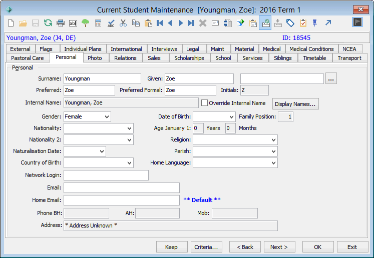 Current Student Maintenance - Personal tab (Zoe Youngman)