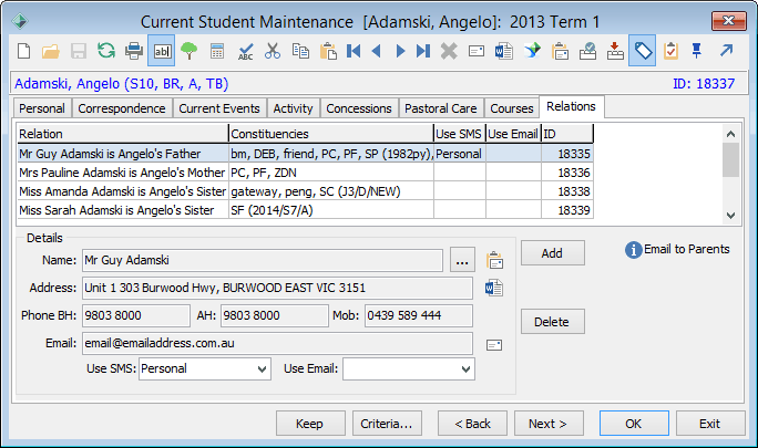 Current Student Maintenance - Relations tab