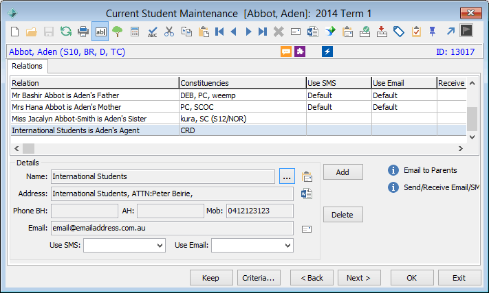 Current Student Maintenance - Relations tab