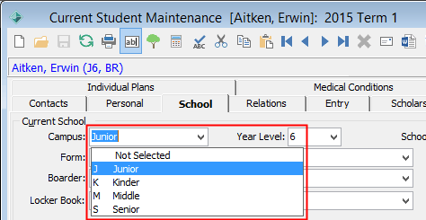 Current Student Maintenance - School tab (cut cown, Campus highlighted)