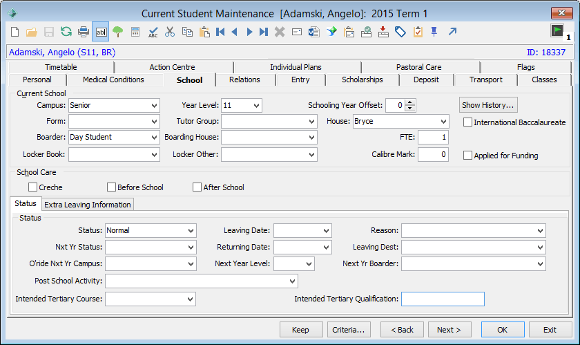 Current Student Maintenance - School tab