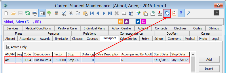 Current Student Maintenance - Transport tab (cut down)
