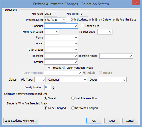 Debtor Automatic Charges - Selection window