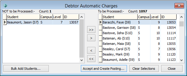 Debtor Automatic Charges window