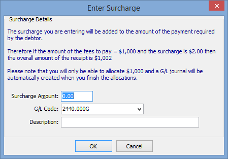 Debtor Cash Receipts Entry - Enter Surcharge window