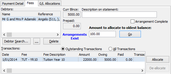 Debtor Cash Receipts Entry - Fees tab (cut down)