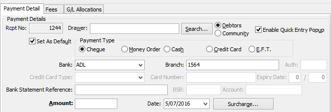 Debtor Cash Receipts Entry - Payment Detail tab (cut down)