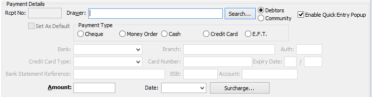 Debtor Cash Receipts Entry - Payment Detail tab (processing cheques from debtors)