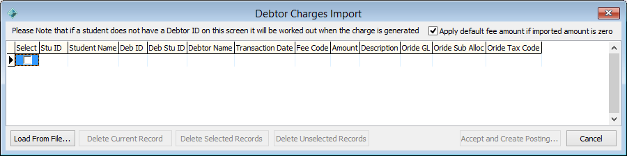 Debtor Charges Import window