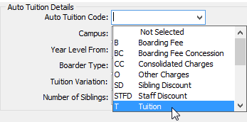 Debtor Fee Maintenance - Auto tuition tab (auto-tuition code selected)