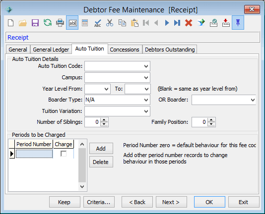 Debtor Fee Maintenance - Auto Tuition tab