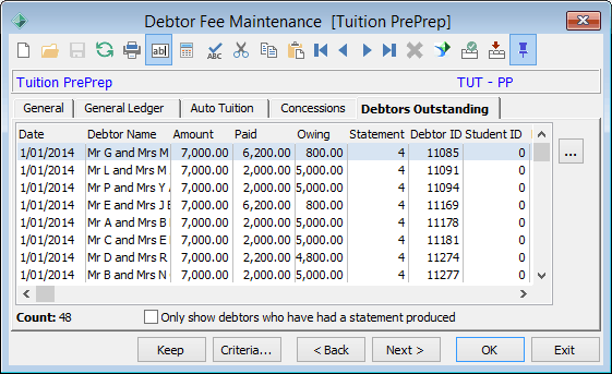 Debtor Fee Maintenance - Debtors Outstanding tab