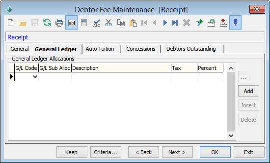 Debtor Fee Maintenance - General Ledger tab
