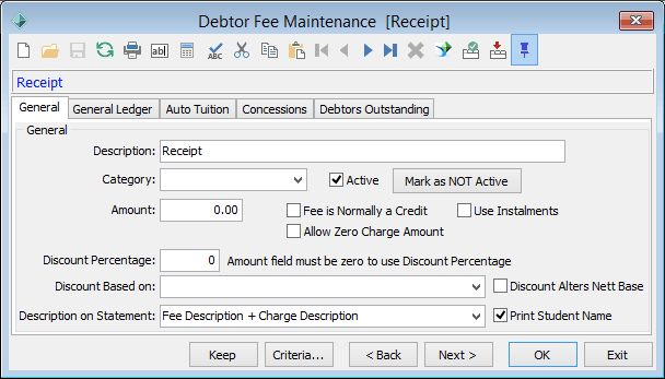 Debtor Fee Maintenance - General tab