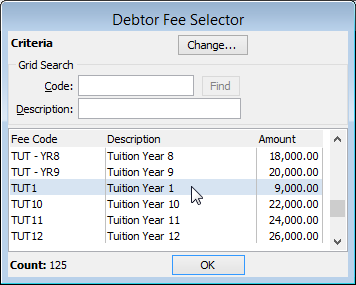 Debtor Fee Selector (selecting fee code for instalments)
