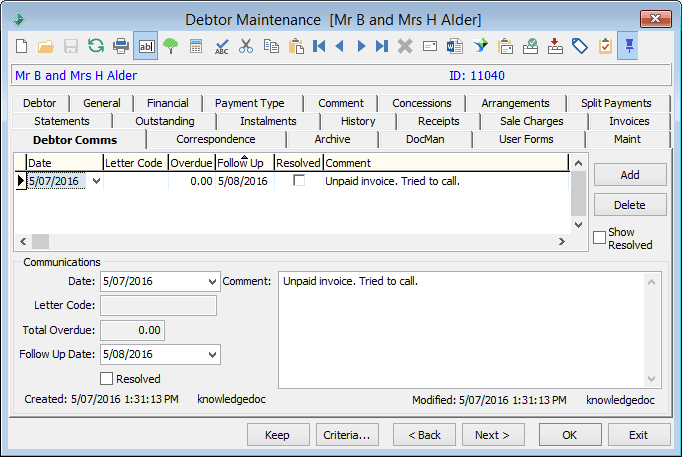 Debtor Maintenance - Debtor Comms tab