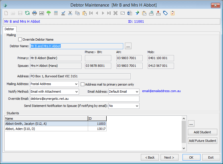 Debtor Maintenance - Debtor tab