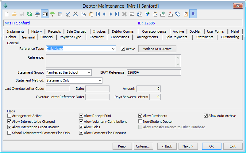 Debtor Maintenance - General tab