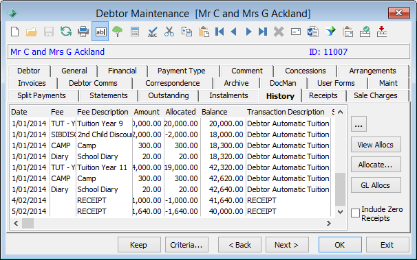 Debtor Maintenance - History tab