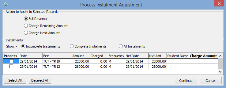 Debtor Maintenance - Instalments tab (Process Instalment Adjustment window)