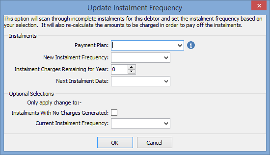 Debtor Maintenance - Instalments tab (Update instalment frequency window)