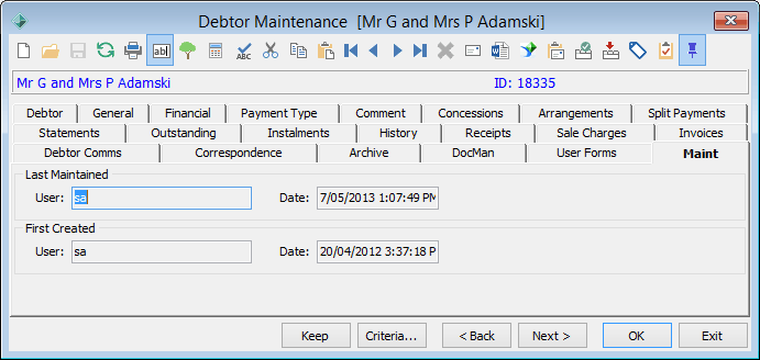 Debtor Maintenance - Maint tab