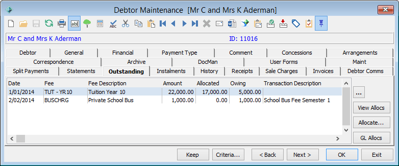 Debtor Maintenance - Outstanding tab
