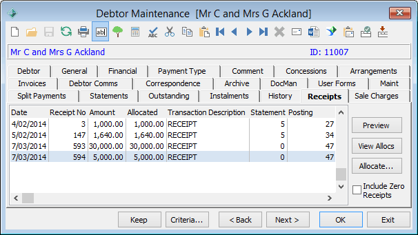Debtor Maintenance - Receipts tab
