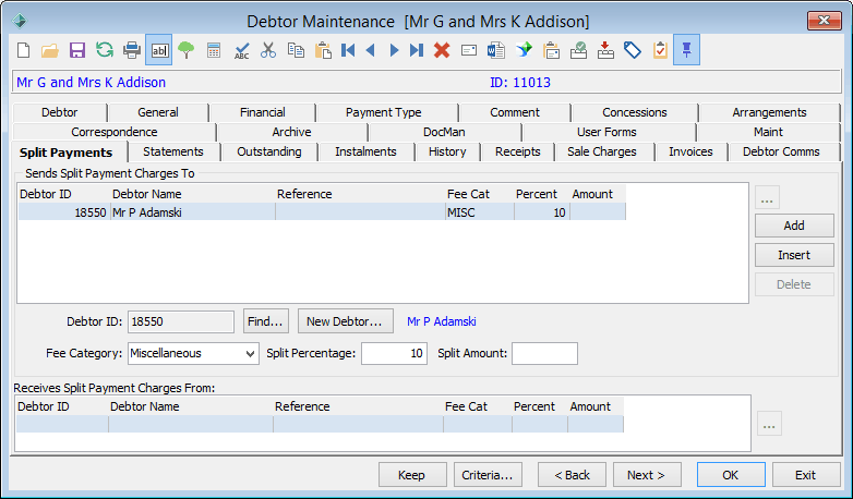 Debtor Maintenance - Split Payments tab