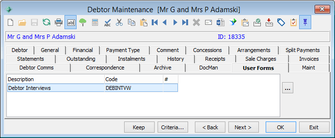 Debtor Maintenance - User Forms tab