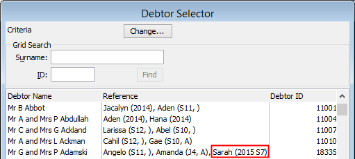 Debtor Selector window (Future student highlighted)