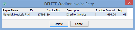 Delete Creditor Invoice Entry window