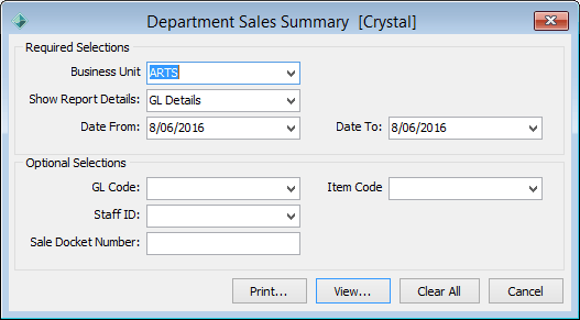 Department Sales Summary (report selections)