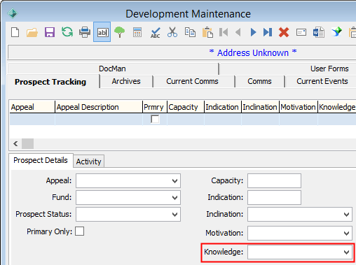 Development Maintenance - Prospect Tracking tab (Knowledge field highlighted)