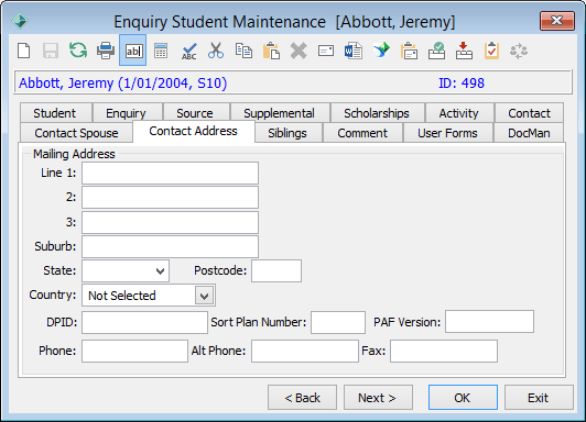 Enquiry Student Maintenance - Contact Address tab