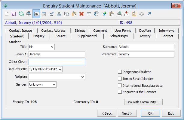 Enquiry Student Maintenance - Student tab