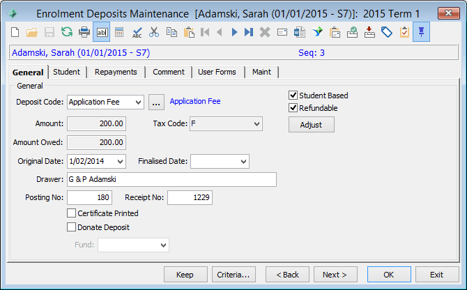 Enrolment Deposits Maintenance - General tab